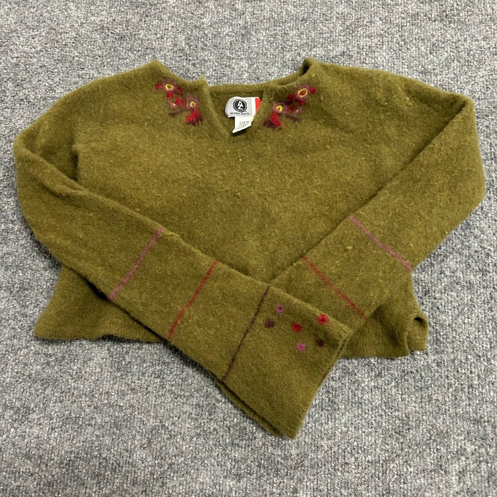 Arizona Jean Co Sweater Womens Size Large Olive Green Lambswool Floral Cropped